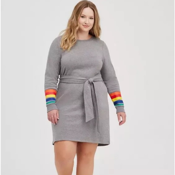 TORRID SHIFT SWEATSHIRT DRESS - COZY FLEECE RAINBOW CUFFED GREY BELTED SIZE 3X - Picture 2 of 10